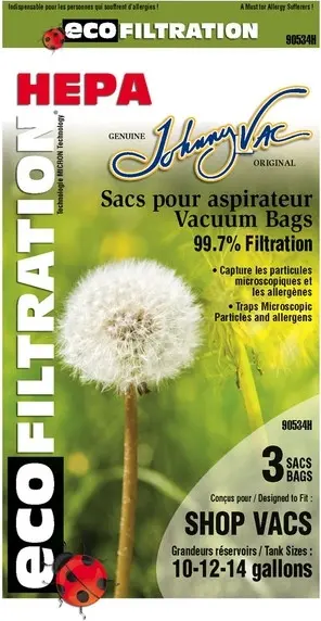 90534H Sacs microfiltres HEPA pour aspirateur - Shop Vac 10-14 Gal