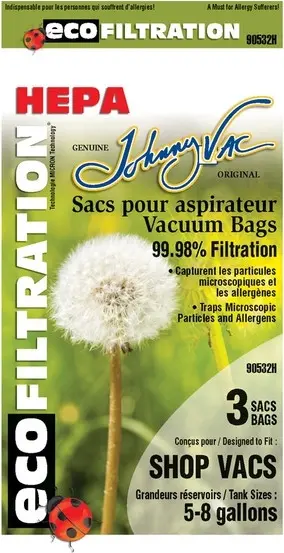 90532H Sacs microfiltres HEPA pour aspirateur - Shop Vac 5 à 8 Gal
