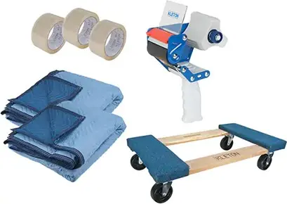 Trousse de déménagement avec socle sur roue, rubans adhésifs et couvertures