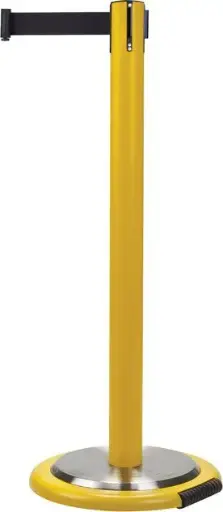 Barrière jaune sur roues pour le contrôle des foules