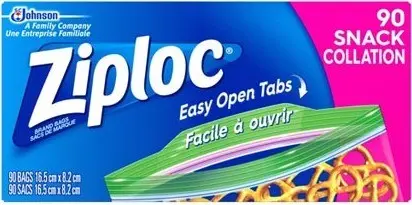 [TQ0JM316000] Sacs de collation avec onglets faciles à ouvrir Ziploc, 90 sacs